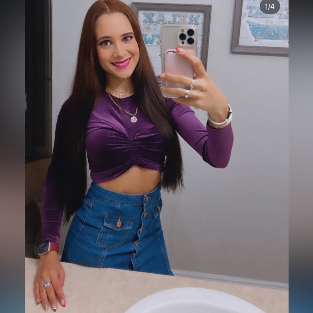 Long-Sleeve Purple Ruched Crop Top and skirt- Women